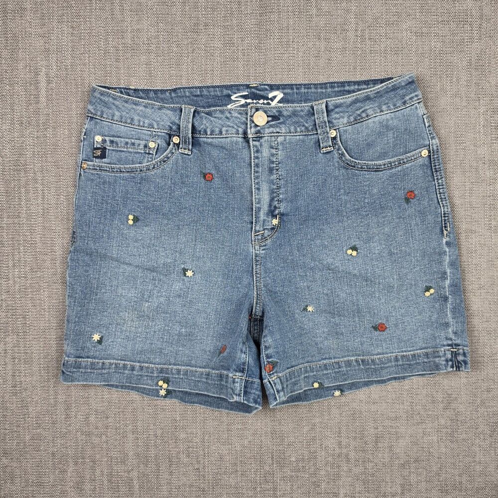 Seven7 Floral Embroidered Denim Shorts Womens 12 Blue Stretch Weekend Shorts